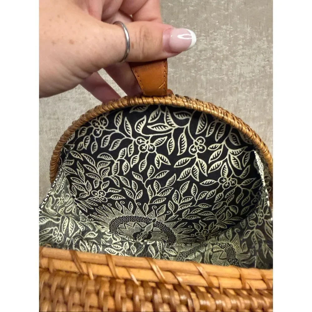 Women's Handwoven Floral Lined Round Rattan Purse Crossbody Bag Tan One Size
